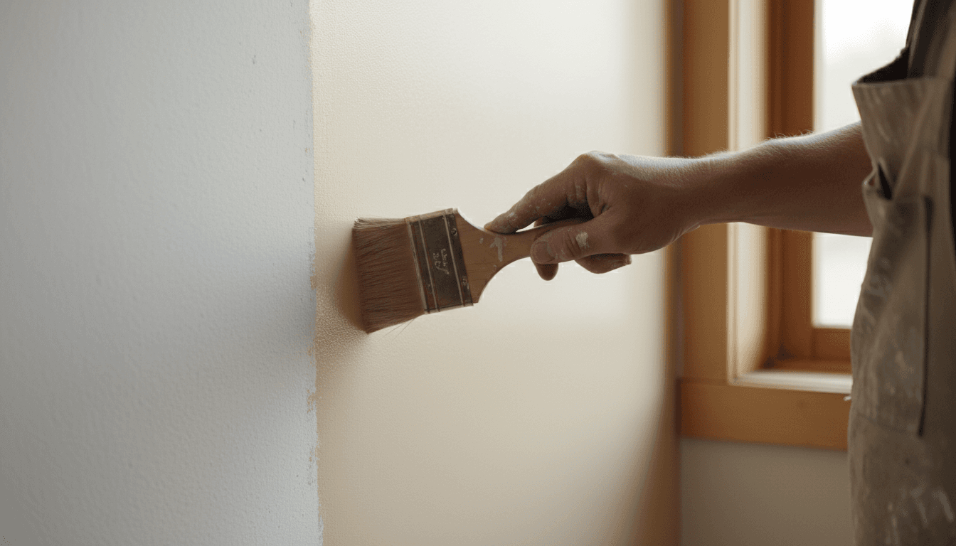 Painter applying premium paint finish to interior wall with professional precision