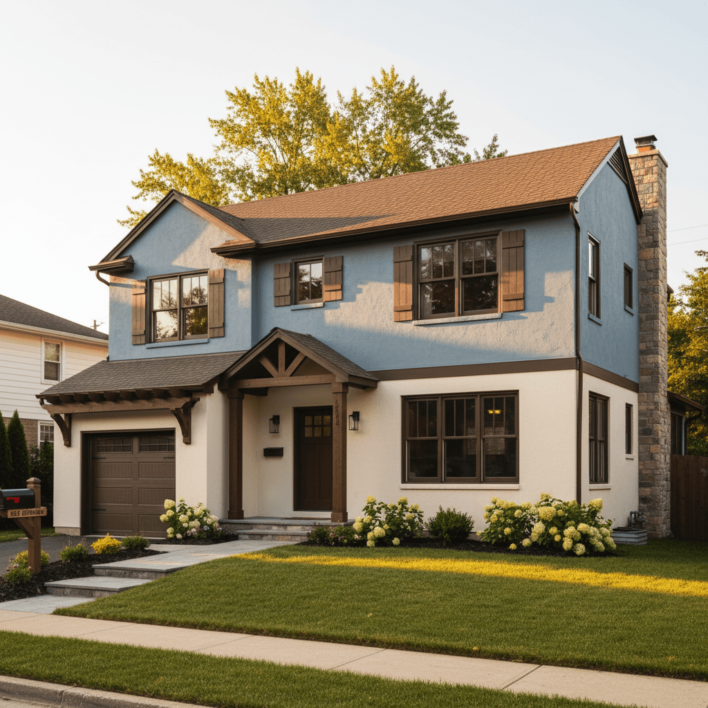 Complete exterior home painted in blue-gray and cream