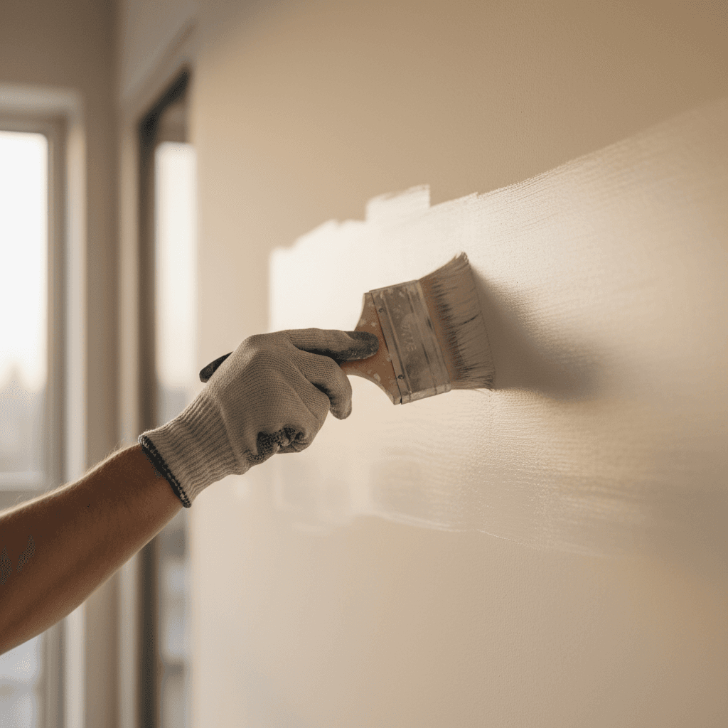 Painter applying primer to office wall