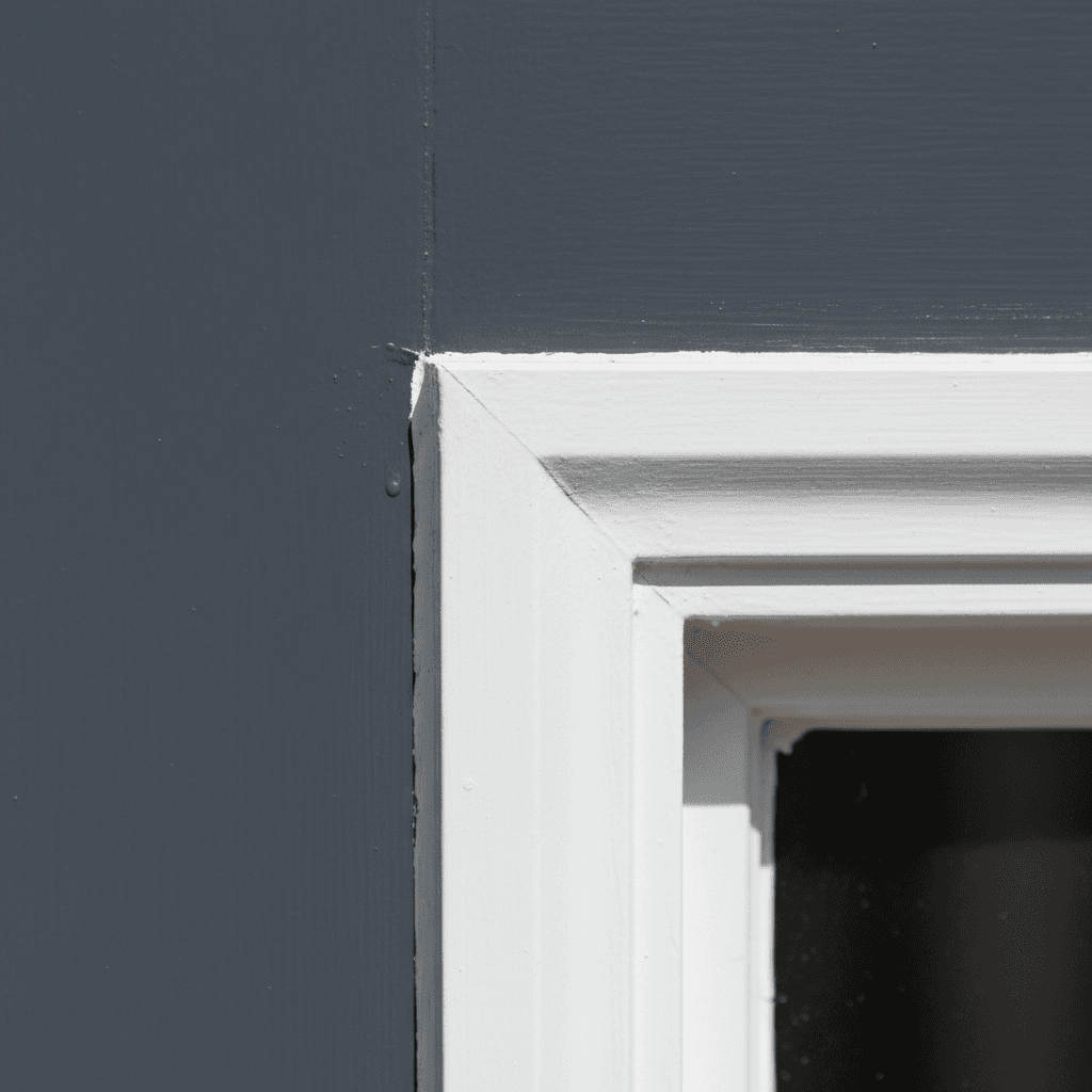 Exterior door frame painted charcoal with white trim
