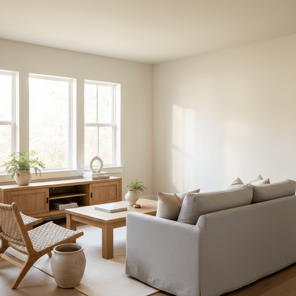 Living room interior with freshly painted warm white walls