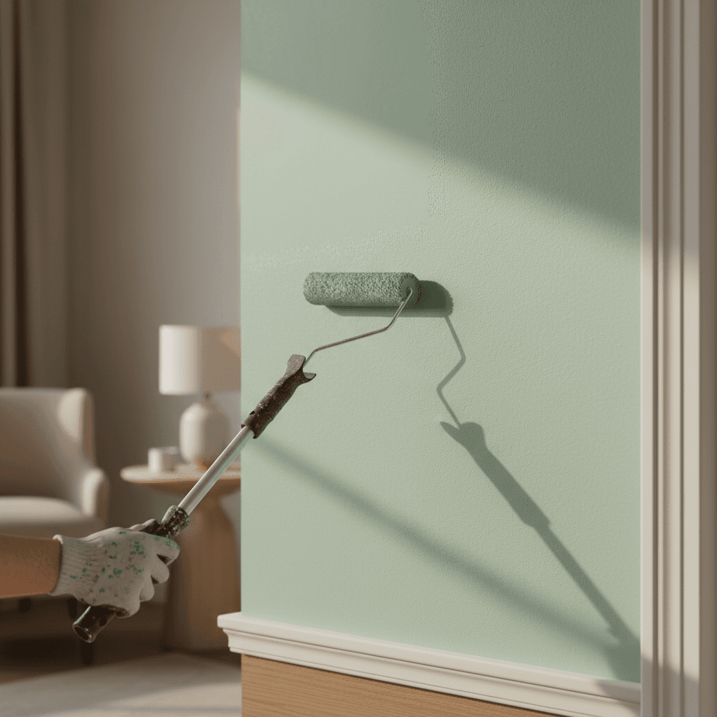 Interior bedroom wall painted in soft sage green with perfect finish