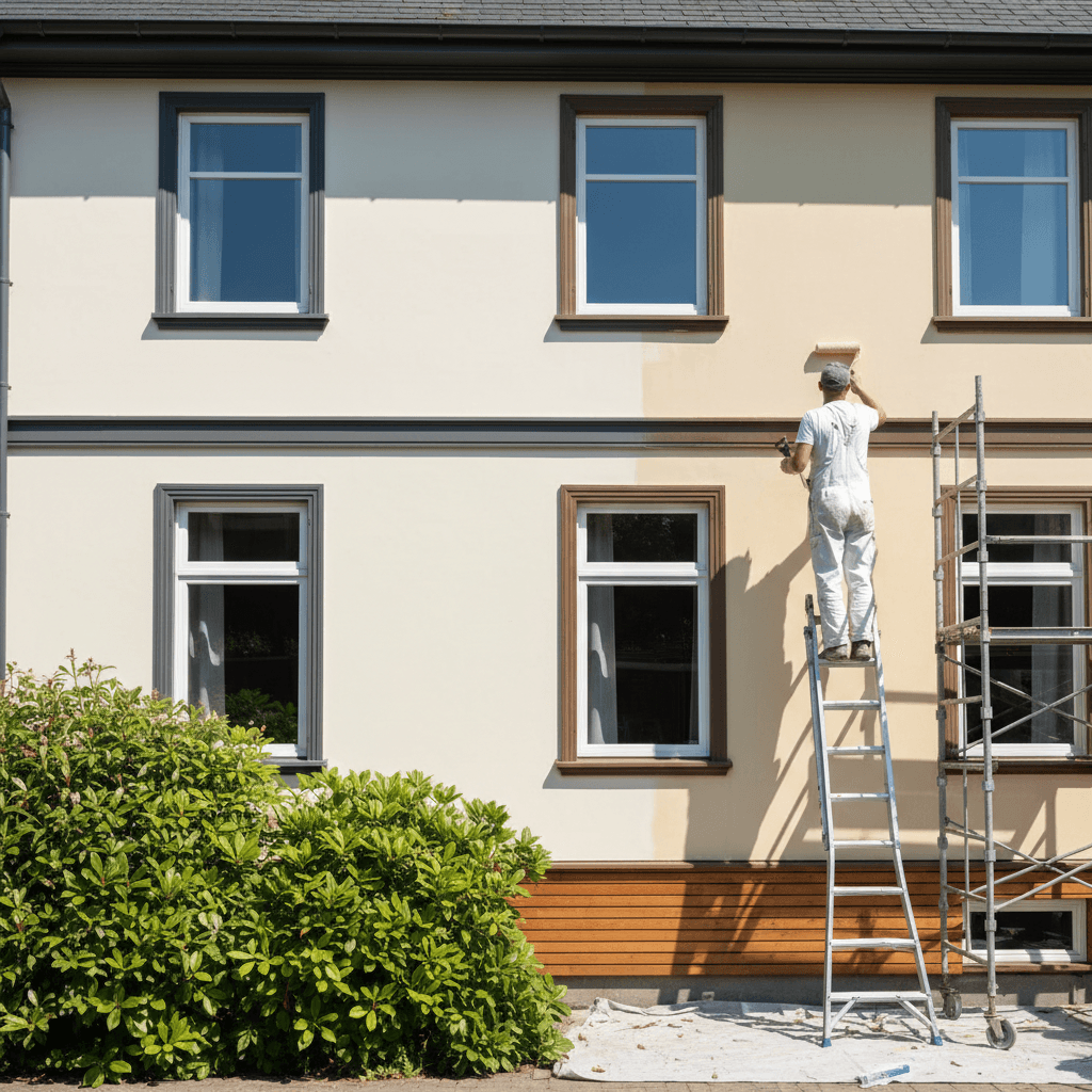 Exterior house facade painted cream with dark trim