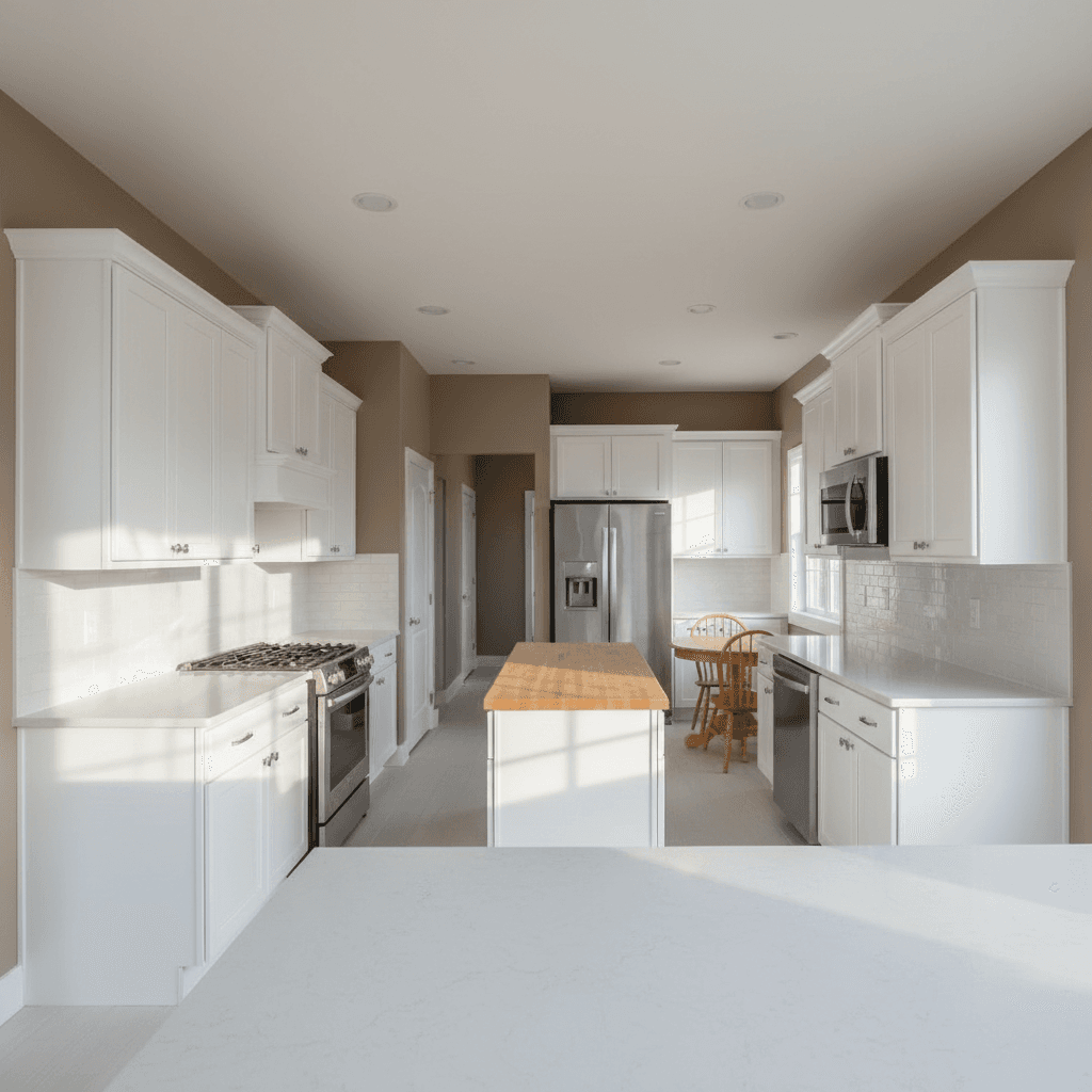 Residential kitchen with newly painted white cabinets and taupe walls
