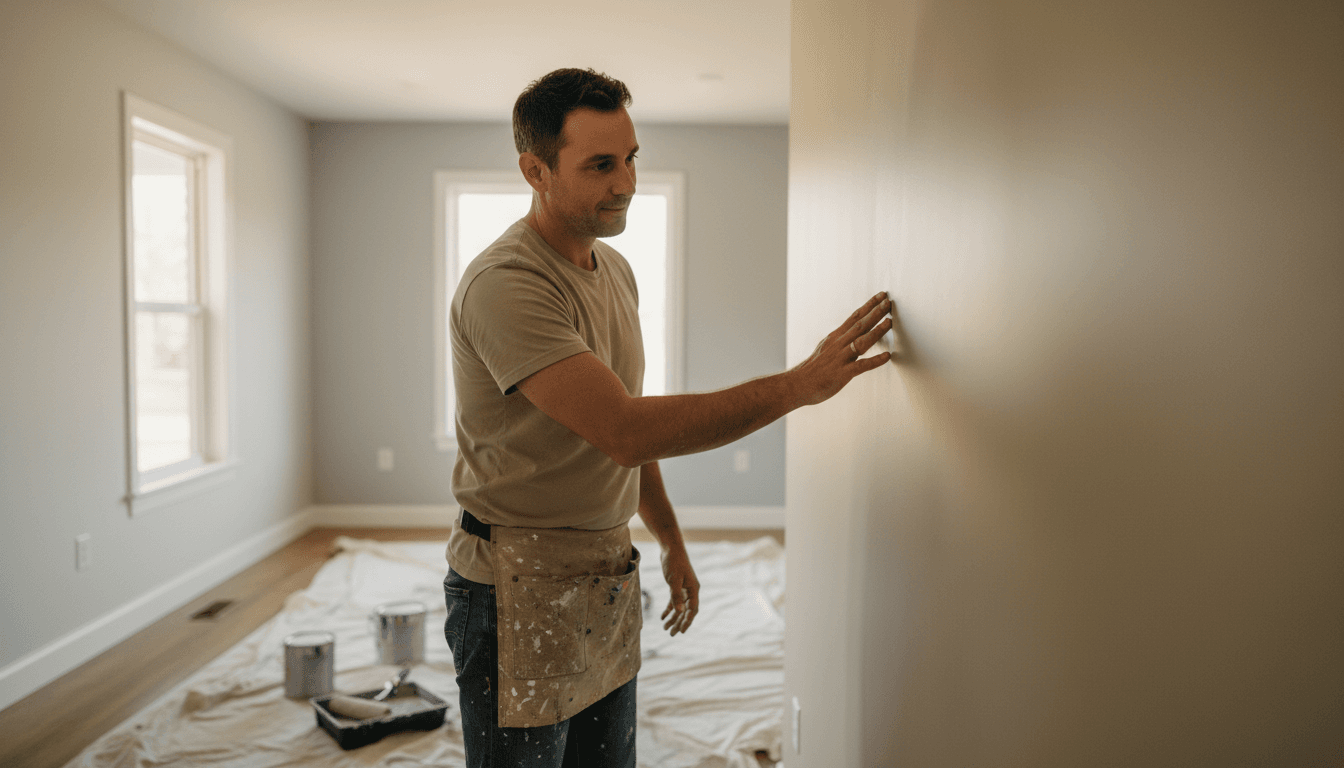 Professional painter inspecting quality paint finish on residential wall